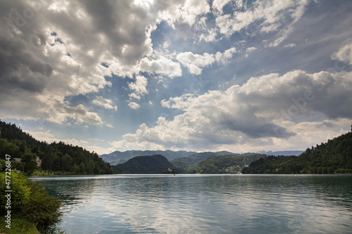 Selective blur on the Blejsko ostrvo, or bled island, on Bled lake or Blejsko Jezero, with the assumption of Maria church, or cerkev marijinega vnebovzetja. it's a catholic church  photo