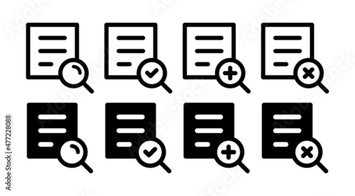 Magnifying glass with paper icon. Search document icon set.