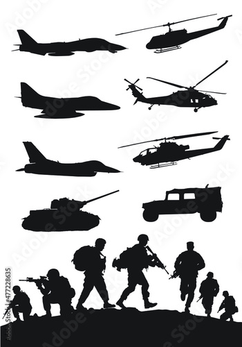 Vector silhouettes of US military aircraft, aircraft, helicopters and military tanks and American soldiers in combat positions.
