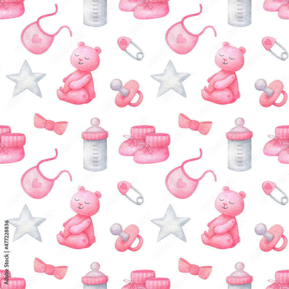 Seamless pattern for a newborn baby girl. A toy, a bottle, booties, a pacifier for a baby. White background with pink watercolor ornament. Cute print for baby fabric, paper, packaging, scrapbooking Seamless pattern for a newborn baby girl. A toy, a bottle, booties, a pacifier for a baby. White background with pink watercolor ornament. Cute print for baby fabric, paper, packaging, scrapbooking
