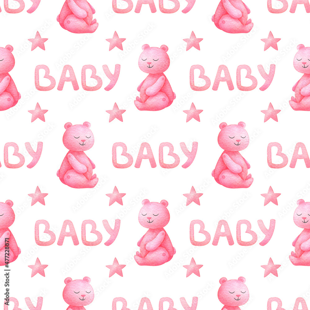 Seamless pattern for baby. Plush pink teddy bears. White background with watercolor ornament for a newborn girl. Cute print with a toy for children's fabric, paper, packaging, scrapbooking.