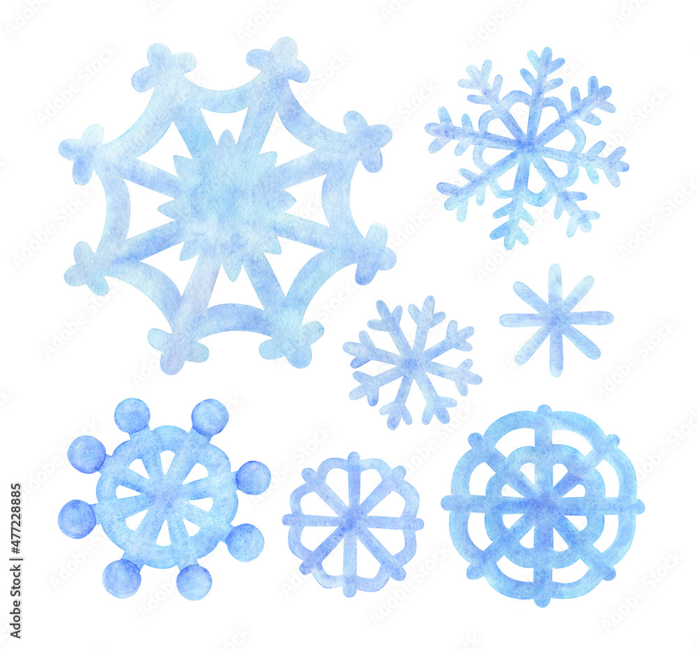 A blue snowflake. Watercolor illustration of a snowy flake. Hand drawn drawing isolated on a white background. Winter Cartoon Clip Art Set for Sticker, Design, Print A blue snowflake. Watercolor illustration of a snowy flake. Hand drawn drawing isolated on a white background. Winter Cartoon Clip Art Set for Sticker, Design, Print