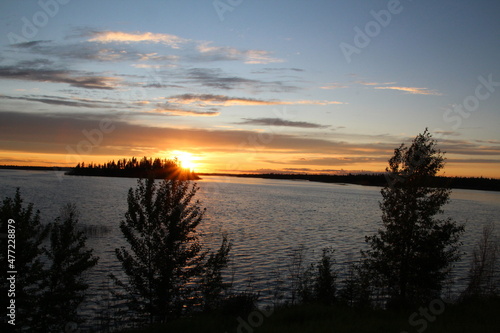Setting Sun Over Island and Lake  Elk Island National Park  Alberta