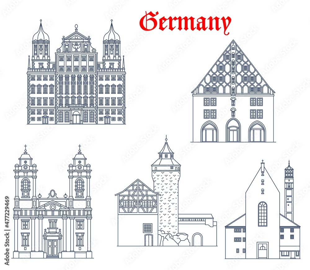 Germany, Nuremberg and Augsburg architecture buildings, vector travel landmarks of Bavaria. St Egidienkirche of Nurnberg, Augsburg Rathaus town hall, Moritzkirche or Saint Maurice church and Mauthalle