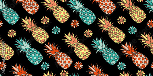 Vector pattern with hand drawn illustration of pineapple. Great for fabric, packaging, wallpaper, invitations. Vector background.