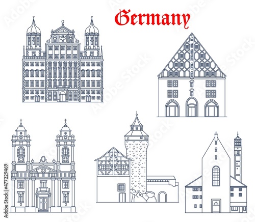 Germany, Nuremberg and Augsburg architecture buildings, vector travel landmarks of Bavaria. St Egidienkirche of Nurnberg, Augsburg Rathaus town hall, Moritzkirche or Saint Maurice church and Mauthalle