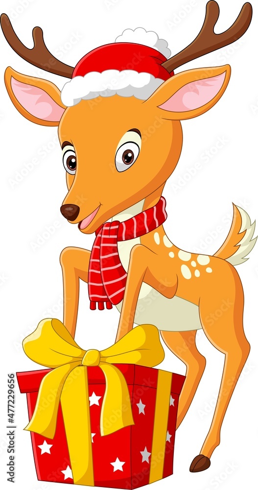 Fototapeta premium Cute little deer cartoon with a gift