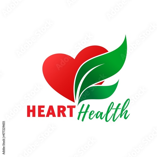 Heart health icon with green leaf. Heart surgery clinic, cardiology center or cardiologist doctor practice, medical program vector emblem, label or icon with red heart silhouette and leaves