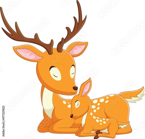 Cute deer mother cartoon with her baby deer