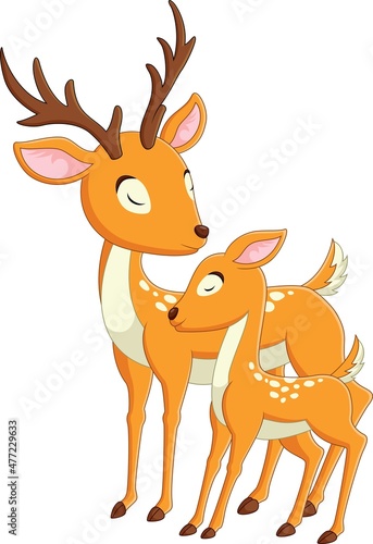 Cute deer mother cartoon with her baby deer