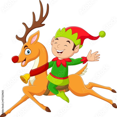Cute elf cartoon riding a reindeer