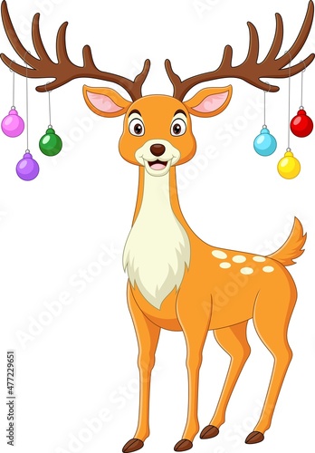 Cute deer cartoon with christmas balls on the horns