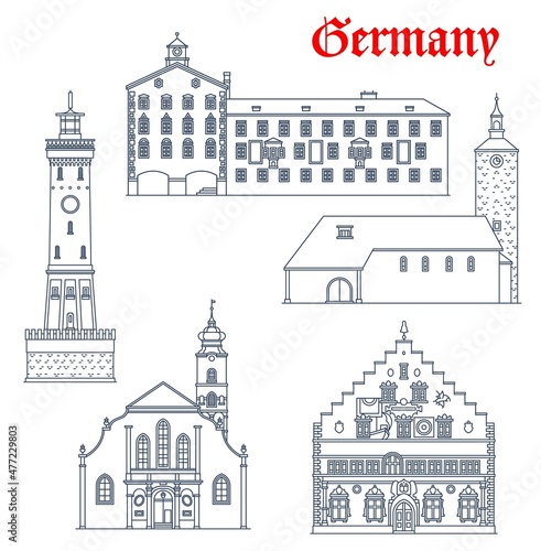 Germany, Lindau architecture buildings and travel landmarks of Bavaria, vector. St Stephen church or Stephanskirche, Altes rathaus town hall of Garmisch-Partenkirchen and Neue Leuchtturm lighthouse