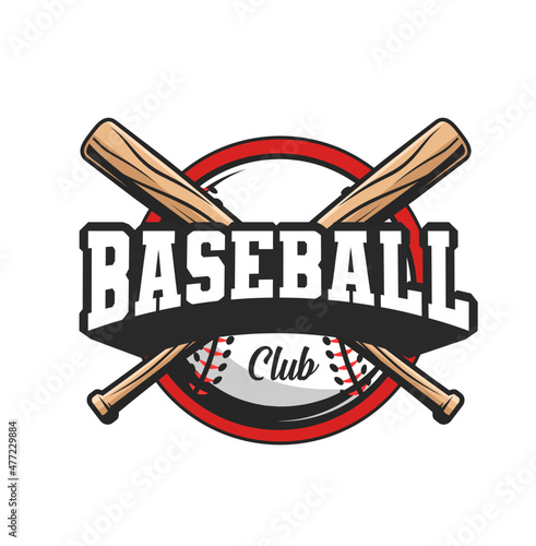Baseball sport club icon with crossed bats and ball, softball team vector badge. Baseball varsity league or school sport club emblem with crossed bats for tournament or championship game