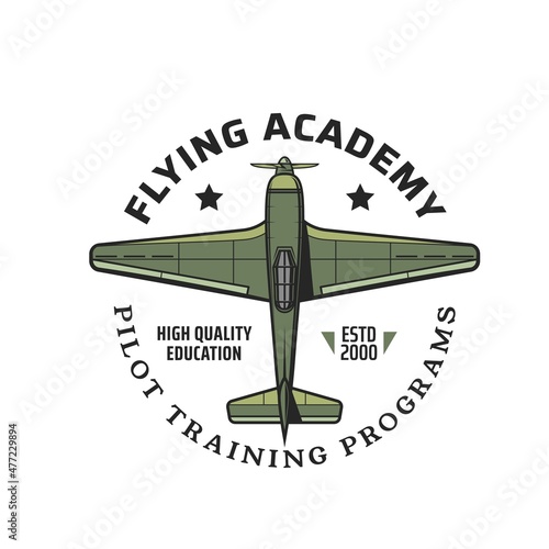 Flying academy icon with army vintage airplane. Pilot school retro emblem, historical aircraft flight club training center program vector icon with military old propeller airplane, combat fighter