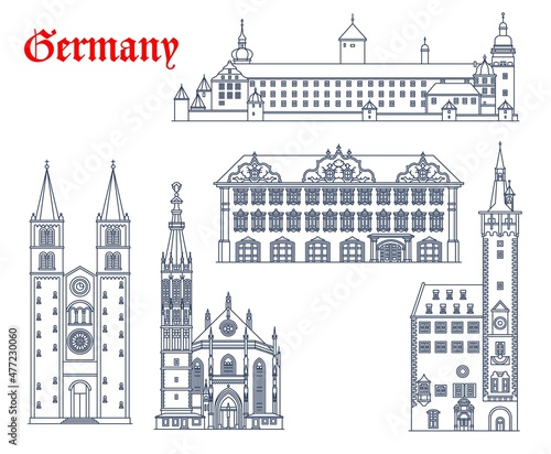 Germany, Wurzburg architecture buildings and travel landmarks, vector churches. Marienkapelle or St Mary chapel church, Marienberg Festung Fortress, Haus zum Falken or Falkenhaus and Saint Kilians Dom