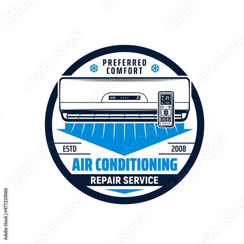 Air conditioner repair and maintenance service vector icon. Air conditioner with flow of cold wind, remote control and blue snowflakes isolated round symbol, home or office climate control system