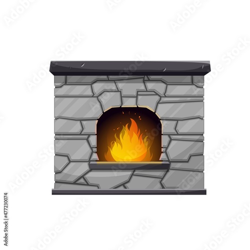 Stone hearth or furnace. Isolated house open fireplace or hearth, ancient oven or blacksmith isolated vector forge with stone walls, mantle and burning fire, flaming flames