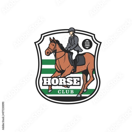 Horse and jockey icon, vector emblem for equestrian sport races or rides. Horseman training or take part in competition on hippodrome, stallion racing, equine riding label isolated on white background