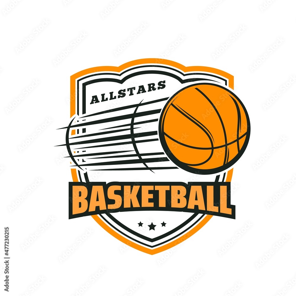 Basketball sport icon with vector flying ball on heraldic shield. Sport game equipment of basketball team player isolated symbol, orange rubber ball with speed motion trail of sport club emblem design
