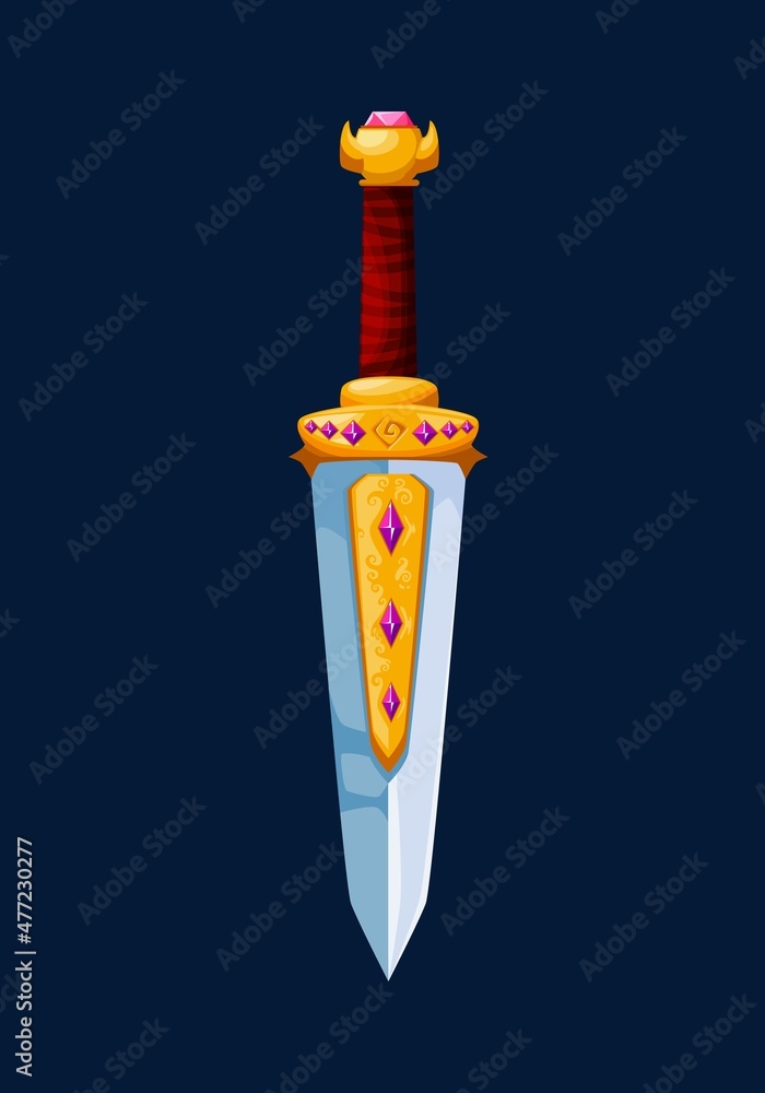 Magical cartoon steel dagger blade, Medieval sword with golden hilt ...