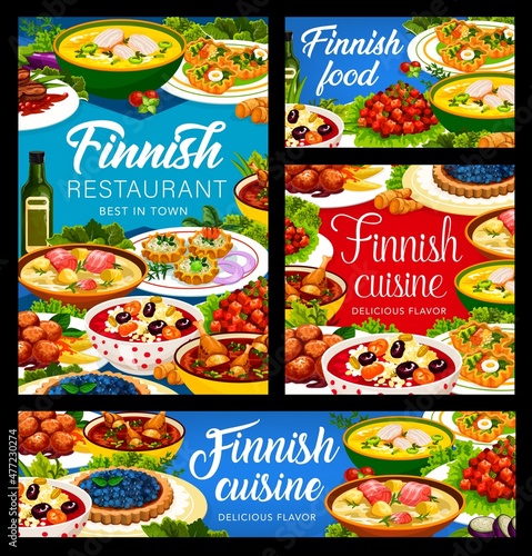 Finnish restaurant cuisine meals and food dishes of Finland, vector dinner and lunch. Finnish cuisine meatballs with salmon fish soup, wickets with potato, venison berry marinade and blueberry pie