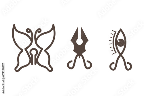 a collection of logos with the basic object being a pen combined with a butterfly, a head of scissors and a eye. flat brown monochrome color. outline style logo design template.