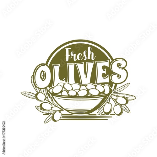 Olives vector icon of bowl of green olives food, tree branches and leaves. Isolated plate of fresh or pickled fruits, Greek or Spanish appetizer, seasoning or salad dressing ingredient