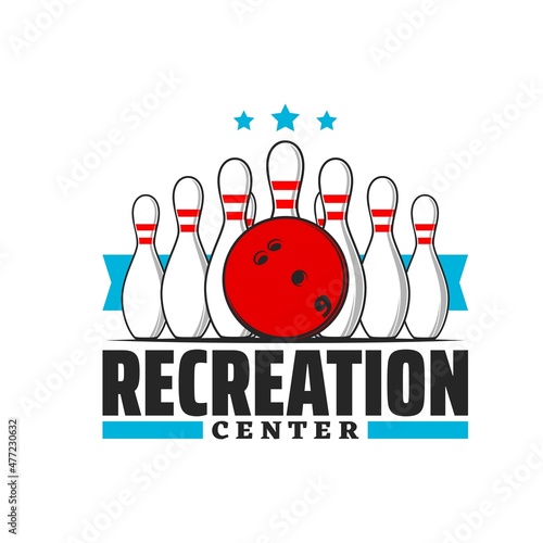 Bowling alley icon, sport game club and recreation center vector emblem. Bowling sign with ball and pins for strike in tournament or competition, bowling sport team badge with ribbon and stars