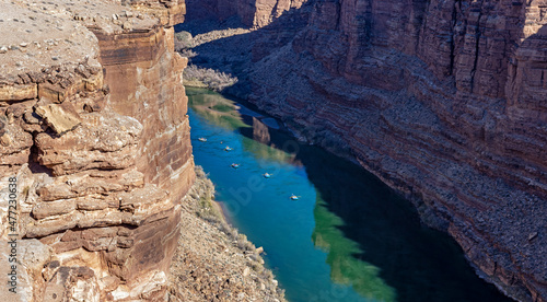 Elevated View Of River Rafters On The Colorado River In Arizona Near Lees Ferry
