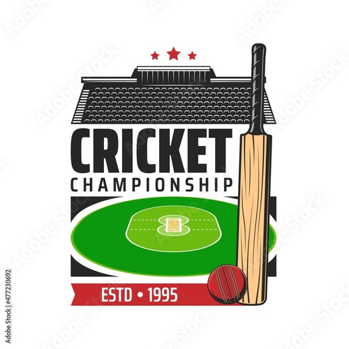 Cricket sport vector icon with game player bat, ball, stadium play field and grandstand seats, green infield and pitch area. Cricket championship league match isolated symbol or icon