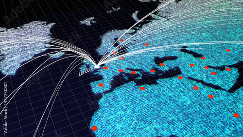 Fototapeta Naklejka Na Ścianę i Meble -  Global connectivity from London, England to other major cities around the world. Technology and network connection, trading and traveling concept. World map element of this clip furnished by NASA