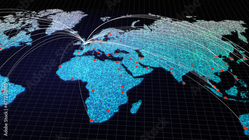 Global connectivity from London, England to other major cities around the world. Technology and network connection, trading and traveling concept. World map element of this clip furnished by NASA