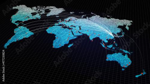 Global connectivity from Shanghai, China to other major cities around the world. Technology and network connection, trading and traveling concept. World map element of this clip furnished by NASA