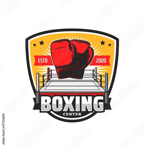 Boxing sport icon, kickboxing or MMA fighting club vector symbol. Boxing gloves on ring with victory stars and ribbon, box or Muay Thai wrestling sport and martial arts training center sign