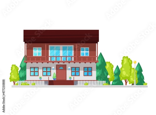 Custom built house with nicely trimmed and landscaped front yard, vector residential neighborhood. Suburban real estate and building exterior facade of apartments home or townhouse cottage with garden