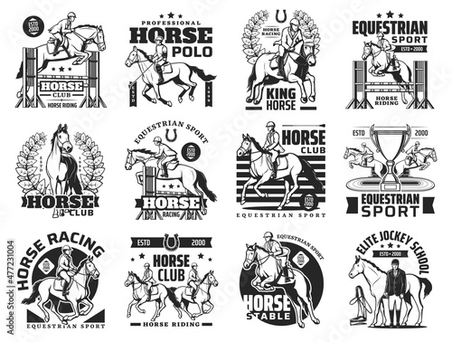 Equestrian sport and horse riding icons. Horse racing, polo sport team and show jumping competition, jockey school vector emblems with jockey and polo player, hippodrome racetrack and winner prize cup