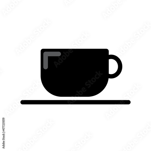 Cup with saucer silhouette. Dishware element. Drink symbol. Isolated object. Simple art. Vector illustration. Stock image.