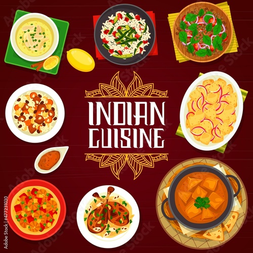 Indian cuisine vector menu cover chicken legs with almond nuts, lamb rice biryani and vegetable lentil salad. Potato onion curry batato piyava upkari, cheese in cream sauce paneer or zucchini rice