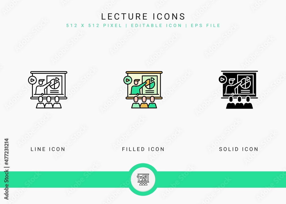 Lecture icons set vector illustration with solid icon line style. Online video webinar concept. Editable stroke icon on isolated background for web design, user interface, and mobile app Lecture icons set vector illustration with solid icon line style. Online video webinar concept. Editable stroke icon on isolated background for web design, user interface, and mobile app