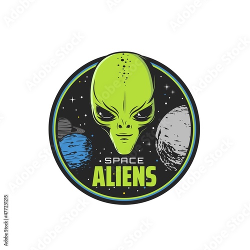 Space aliens icon with humanoid creature or extraterrestrial being green face or head, solar system planets and stars. Outerspace civilization and alien invaders vector emblem or sticker