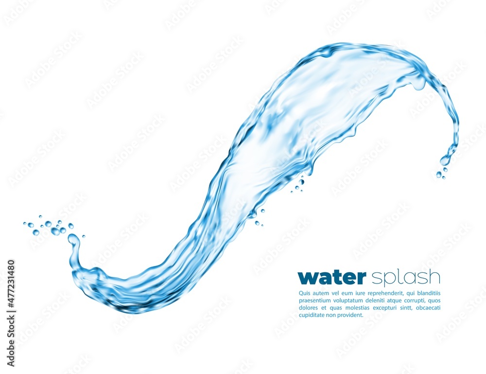 Isolated transparent clean water wave swirl with drops. 3d vector splash of blue liquid on white background, clear aqua or drink water abstract splatter with realistic ripple and falling drops