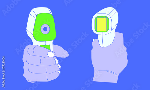 hand holding the medical infrared forehead thermometer front and rear side view for detected coronavirus disease covid-19. vector illustration eps10