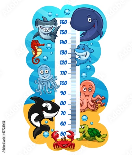 Kids height chart with funny cute sea animals. Vector growth meter ruler with measure scale and cartoon whale, octopus, crab and sea turtle, dolphin, killer whale, seahorse and jellyfish