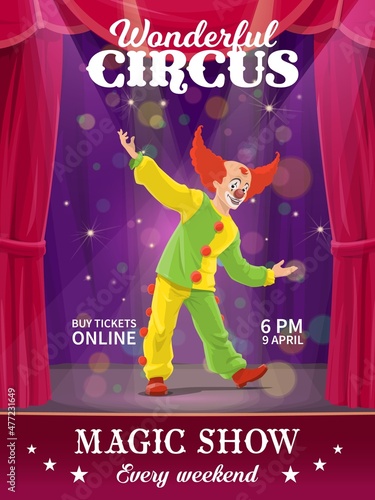 Shapito circus poster, cartoon red hair jester clown. Vector flyer with funny man character performing magic show on stage with curtains and spotlights. Artist performer in costume on big top stage photo