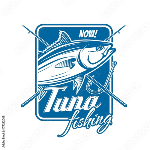 Tuna fishing vector icon with crossed rods, fish and hook. Isolated blue symbol of fisherman club or fishing sport competition tournament with Atlantic bluefin, skipjack or yellowfin tuna fish
