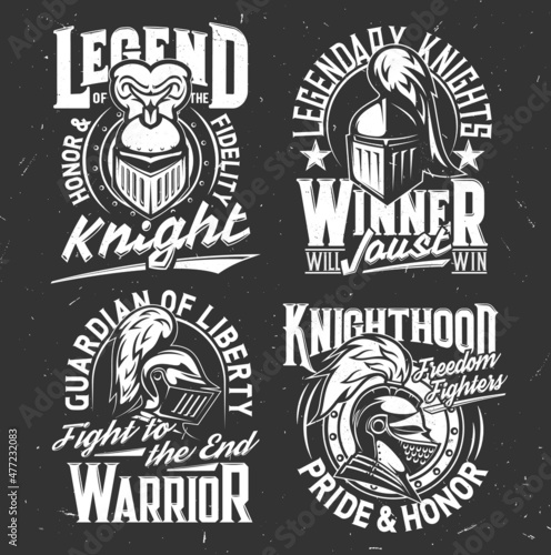 Knight warrior in helmet and steel armor, vector icons of spartan gladiator. Heraldry emblems of crusader in cape with shield, fight club badges and t-shirt prints of knight warrior with winner slogan