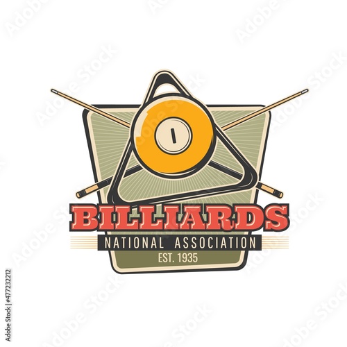 Billiards icon, snooker or pool sport game club vector symbol. Billiards national association championship and poolroom game sign with 8 eight balls, cues and triangle rack on table