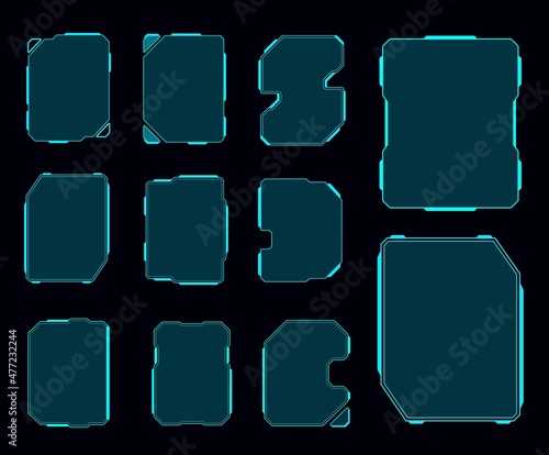 HUD futuristic display and screen frames, info boxes ui interface. Callout titles, information call box bars in digital Modern tech style neon colored design elements for game or isolated user app