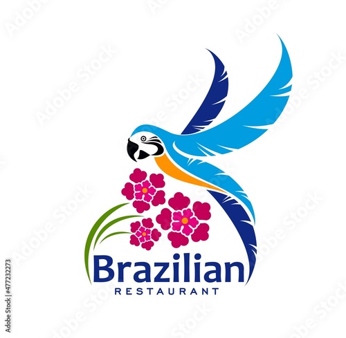 Brazilian cuisine restaurant icon. Blue parrot and flowers cartoon vector icon isolated on white background. Design element for Brazil cafe menu or signboard with tropical bird and pink blossoms